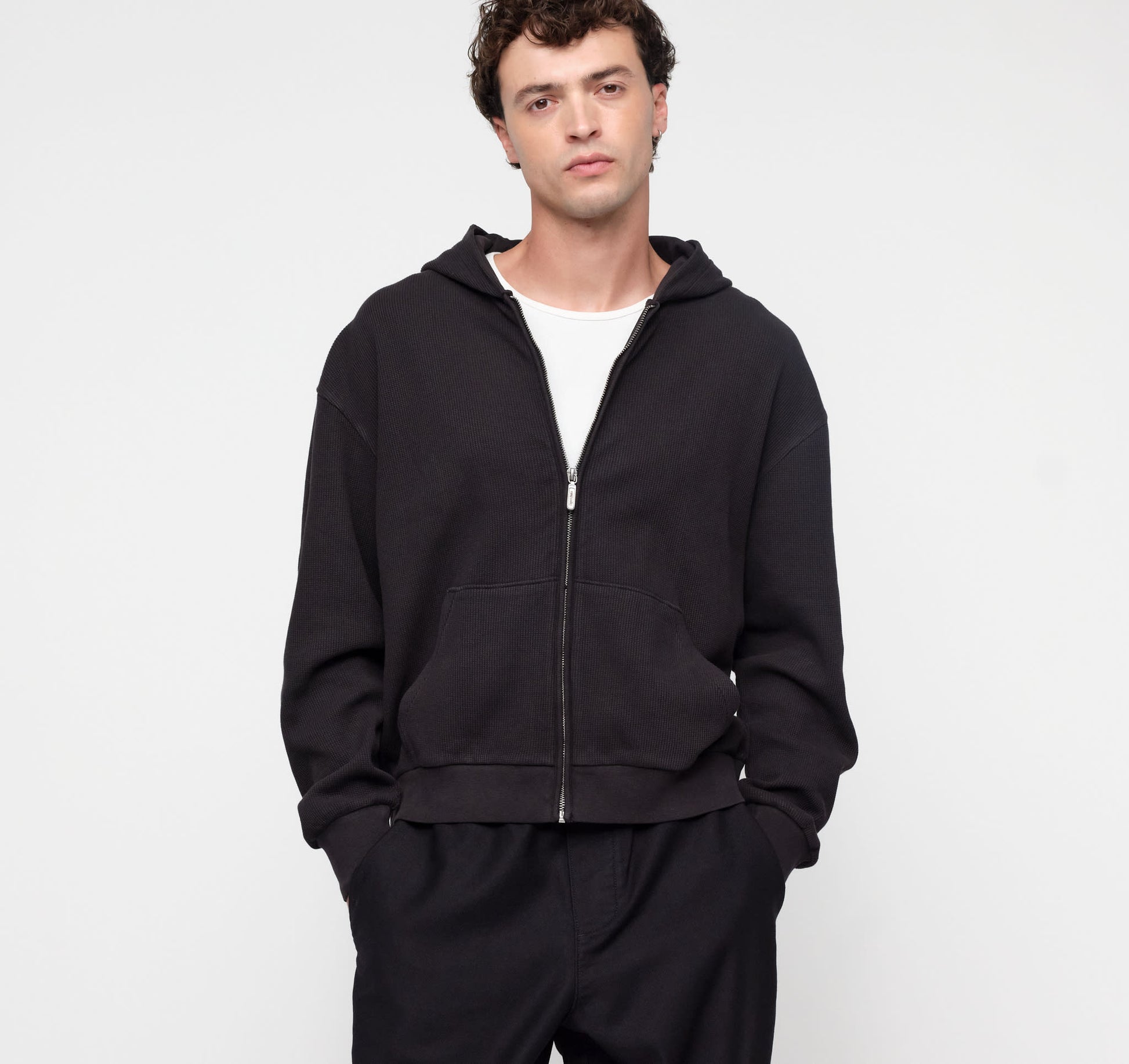 Waffle Zip Hoodie - Black – organic cotton