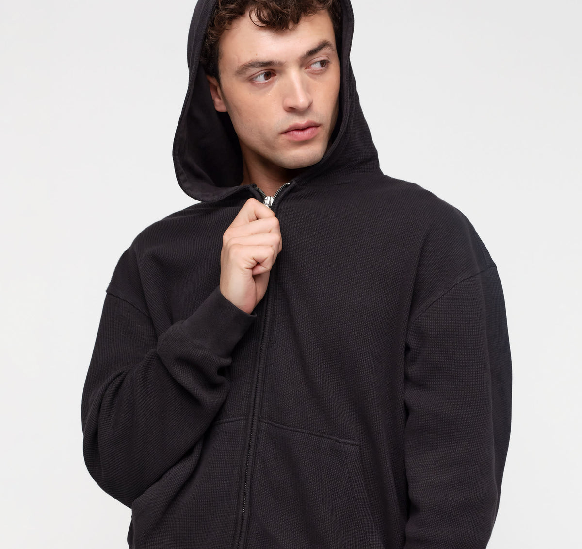 Waffle Zip Hoodie - Black – organic cotton – view 2