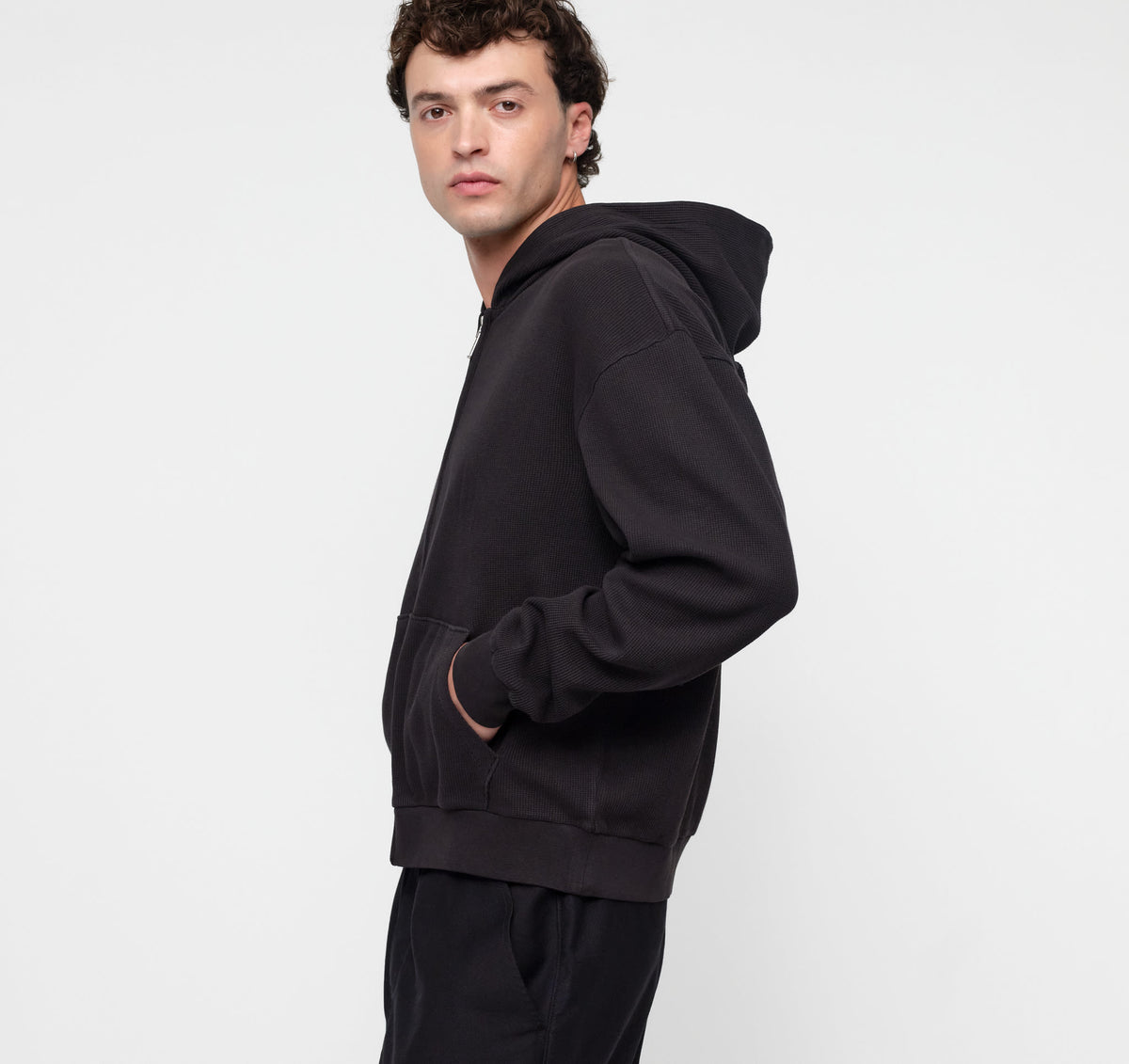 Waffle Zip Hoodie - Black – organic cotton – view 3